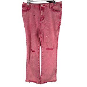 Blue B Womens Pink Distressed Straight-Leg Jeans With Rhinestones Size L